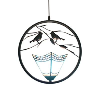 Stylish Tiffany Pendant Lighting with Blue Pyramid Shade - Ring Hanging Lamp Kit