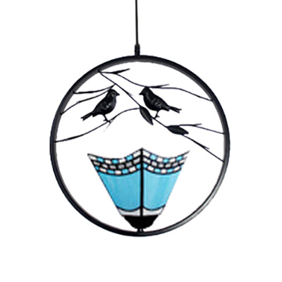 Stylish Tiffany Pendant Lighting with Blue Pyramid Shade - Ring Hanging Lamp Kit