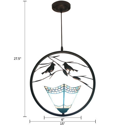 Stylish Tiffany Pendant Lighting with Blue Pyramid Shade - Ring Hanging Lamp Kit