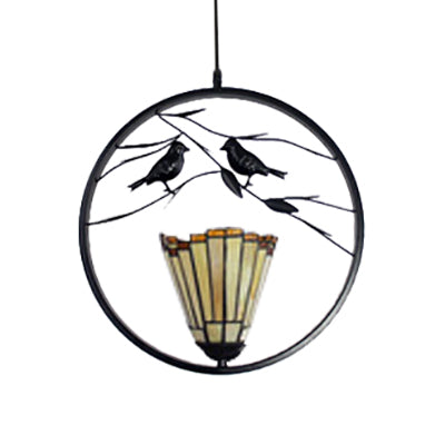 Tiffany Style Beige Glass Cone Pendant Light With Stainless Metal Ring - Ceiling Hanging Kit