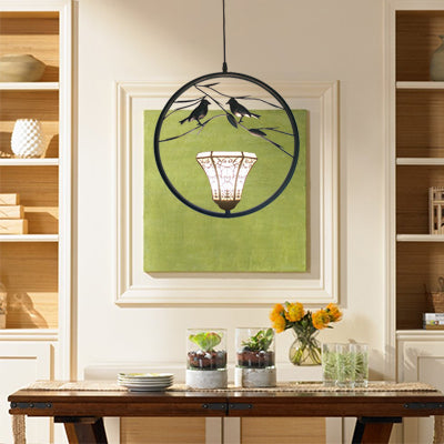 Tiffany Style Bell Stainless Glass Ceiling Lamp: White & Black Hanging Pendant Light with Bird Deco, 1 Light