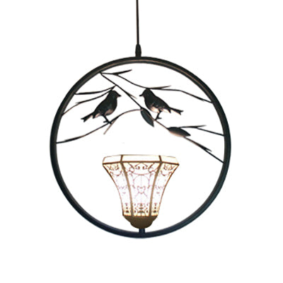 Tiffany Style Bell Stainless Glass Ceiling Lamp: White & Black Hanging Pendant Light with Bird Deco, 1 Light