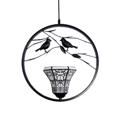 Tiffany Style Bell Stainless Glass Ceiling Lamp: White & Black Hanging Pendant Light with Bird Deco, 1 Light