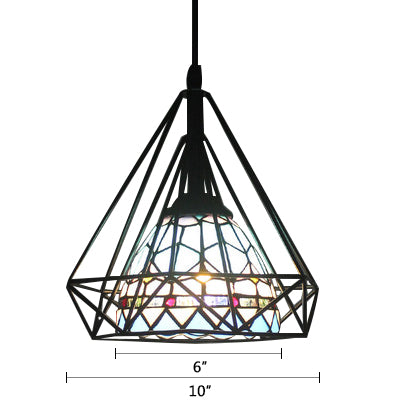 Hotel Domed Pendant Light Tiffany Blue Stained Glass with Diamond Cage – 1 Light