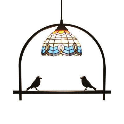 Stained Glass Baroque Design Pendant Light With Bird Ideal For Living Room