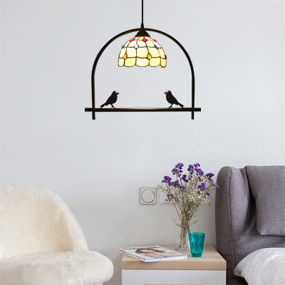 Bird and Jewelry Glass Domed Pendant Lamp: Tiffany Hanging Light for Kitchen in Beige