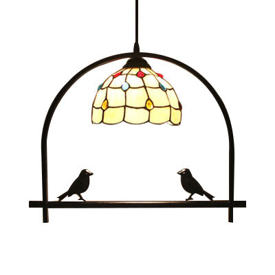 Bird and Jewelry Glass Domed Pendant Lamp: Tiffany Hanging Light for Kitchen in Beige