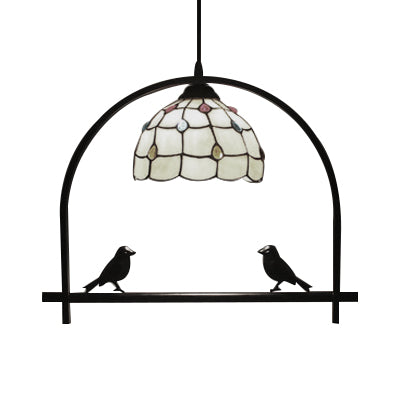 Bird and Jewelry Glass Domed Pendant Lamp: Tiffany Hanging Light for Kitchen in Beige