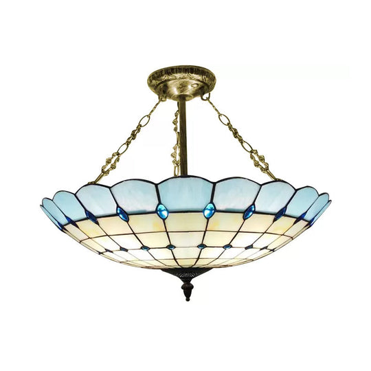 Antique Copper Tiffany Style Bedroom Ceiling Light - 4-Light Domed Semi Flush Mount With Glass Shade