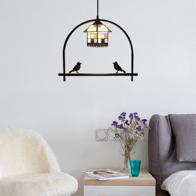 Cafe House Pendant Light with Bird Deco - Stained Glass Tiffany Ceiling Pendant