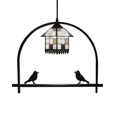 Cafe House Tiffany Pendant Light With Stained Glass Bird Deco - 1-Light Ceiling Fixture