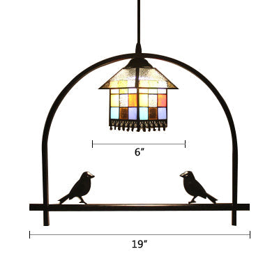 Cafe House Tiffany Pendant Light With Stained Glass Bird Deco - 1-Light Ceiling Fixture