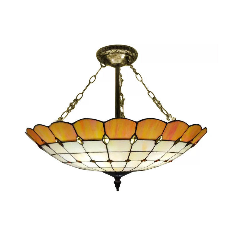 Antique Copper Tiffany Style Bedroom Ceiling Light - 4-Light Domed Semi Flush Mount With Glass Shade