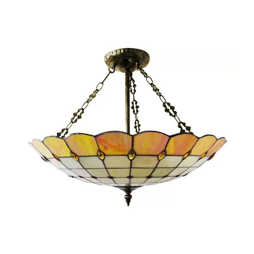 Antique Copper Tiffany Style Bedroom Ceiling Light - 4-Light Domed Semi Flush Mount With Glass Shade