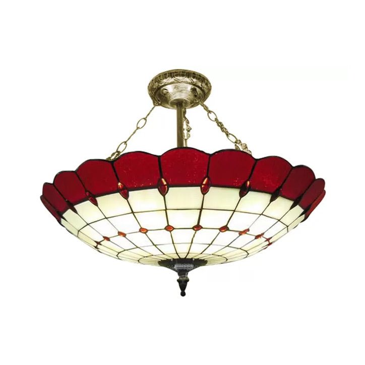 Antique Copper Tiffany Style Bedroom Ceiling Light - 4-Light Domed Semi Flush Mount with Glass Shade, 8" H x 19.5" D