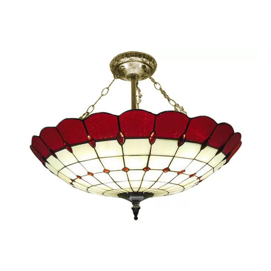 Antique Copper Tiffany Style Bedroom Ceiling Light - 4-Light Domed Semi Flush Mount with Glass Shade, 8" H x 19.5" D