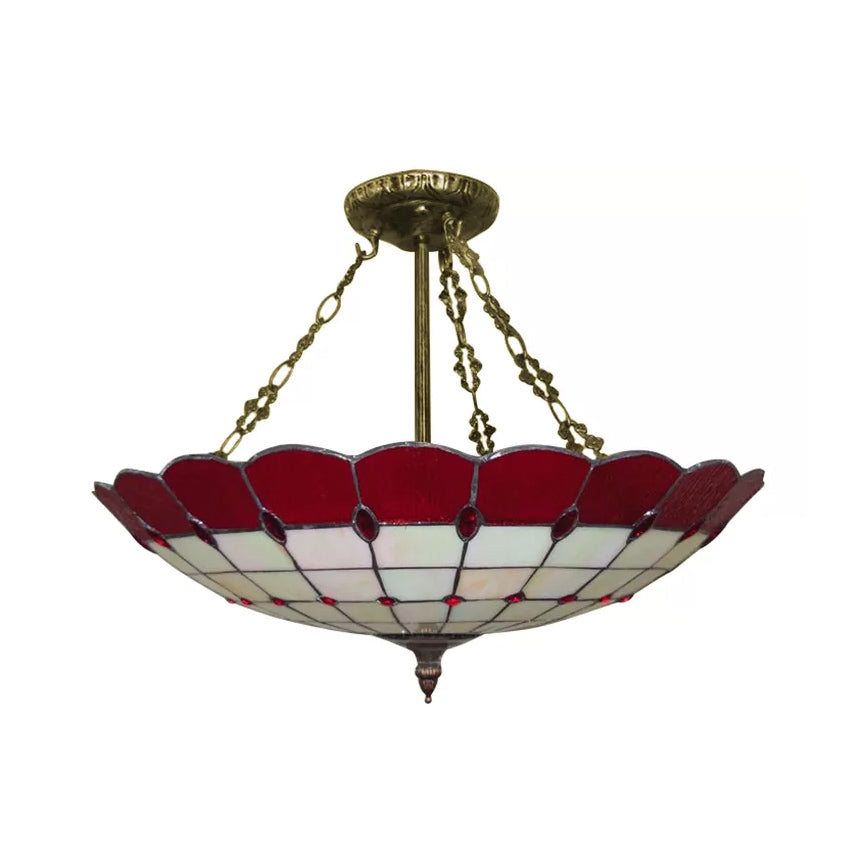 Antique Copper Tiffany Style Bedroom Ceiling Light - 4-Light Domed Semi Flush Mount with Glass Shade, 8" H x 19.5" D