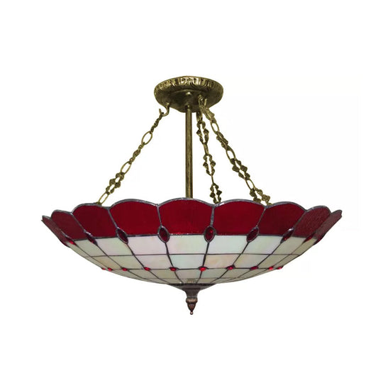 Antique Copper Tiffany Style Bedroom Ceiling Light - 4-Light Domed Semi Flush Mount with Glass Shade, 8" H x 19.5" D