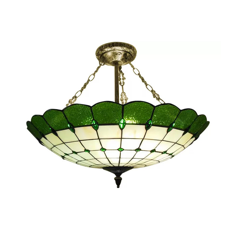 Antique Copper Tiffany Style Bedroom Ceiling Light - 4-Light Domed Semi Flush Mount With Glass Shade