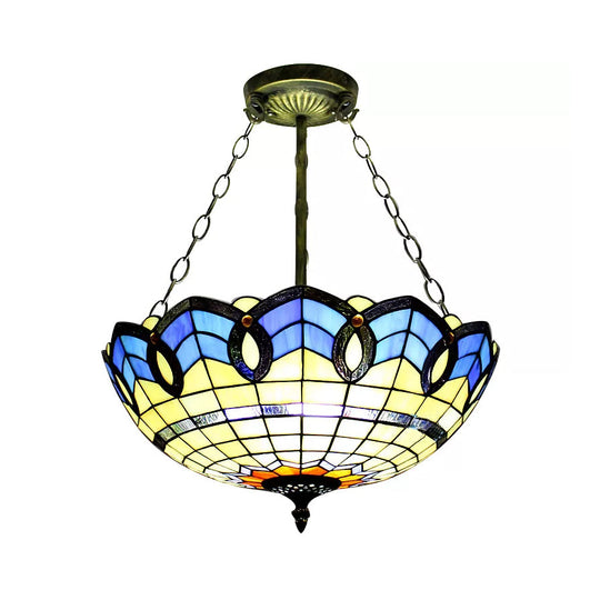 Baroque Style Stained Glass Ceiling Light for Bedroom - Chain Mounted Semi Flush Mount Bowl Lighting