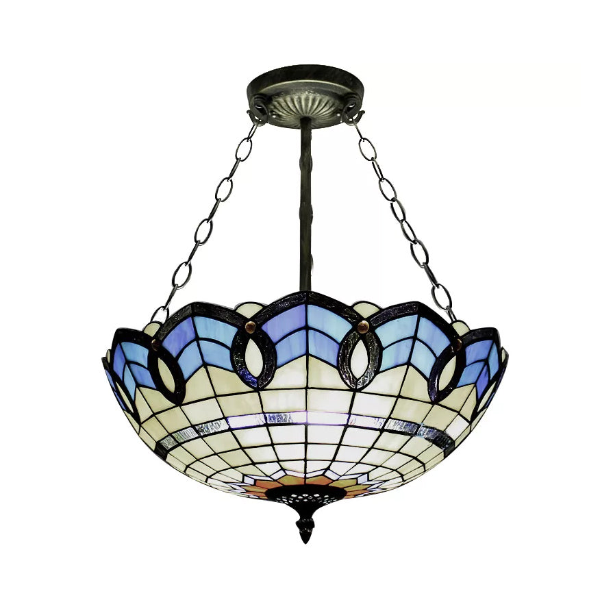 Baroque Style Stained Glass Ceiling Light for Bedroom - Chain Mounted Semi Flush Mount Bowl Lighting