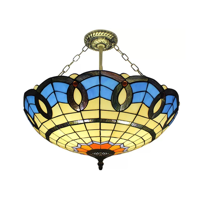 Baroque Style Stained Glass Ceiling Light for Bedroom - Chain Mounted Semi Flush Mount Bowl Lighting