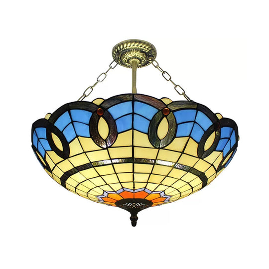 Baroque Style Stained Glass Ceiling Light For Bedroom - Chain Mounted Semi Flush Mount Bowl Lighting