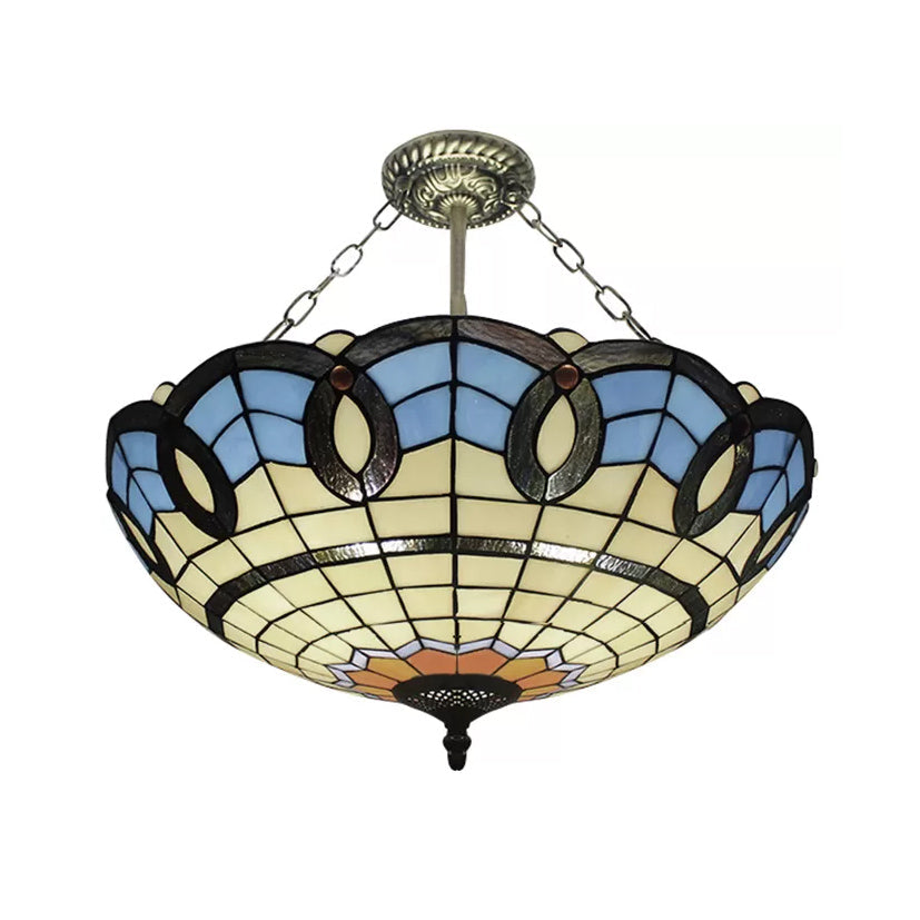 Baroque Style Stained Glass Ceiling Light for Bedroom - Chain Mounted Semi Flush Mount Bowl Lighting