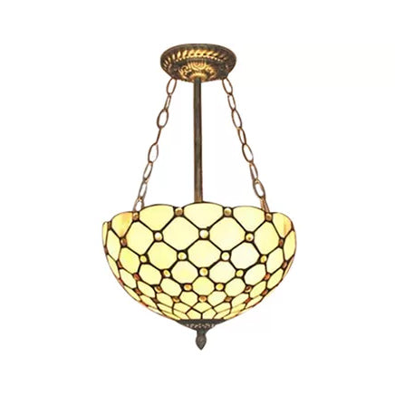 Antique Brass LED Ceiling Light with Tiffany-Style Art Glass Shade - Bedroom Semi Flush Mount