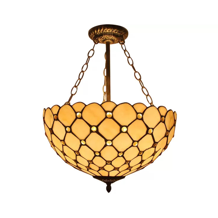 Antique Brass LED Ceiling Light with Tiffany-Style Art Glass Shade - Bedroom Semi Flush Mount