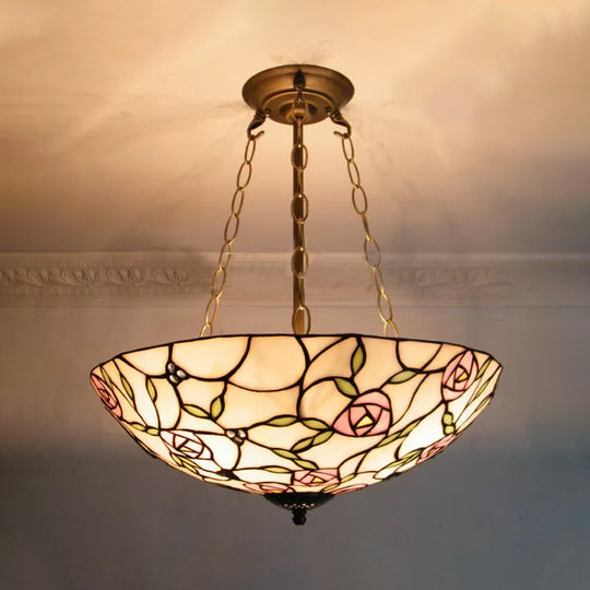 Stained Glass Tiffany LED Ceiling Light with 3-Lights, Aged Brass Chain and Rose Pattern