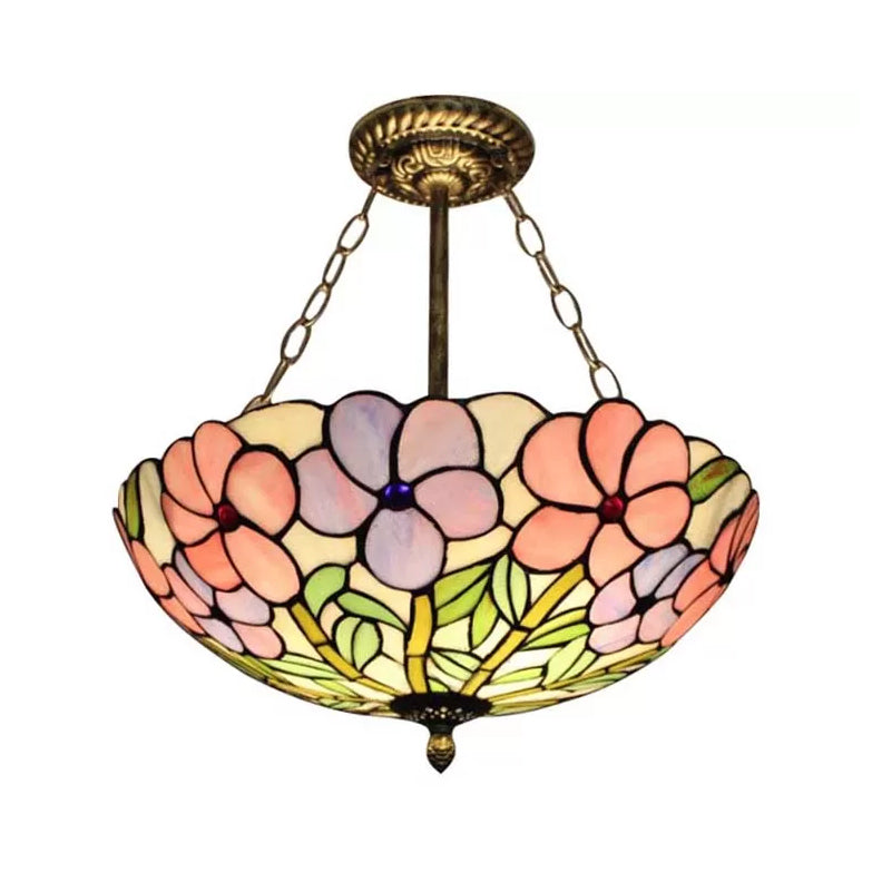 Stained Glass Tiffany LED Ceiling Light with 3-Lights, Aged Brass Chain and Rose Pattern