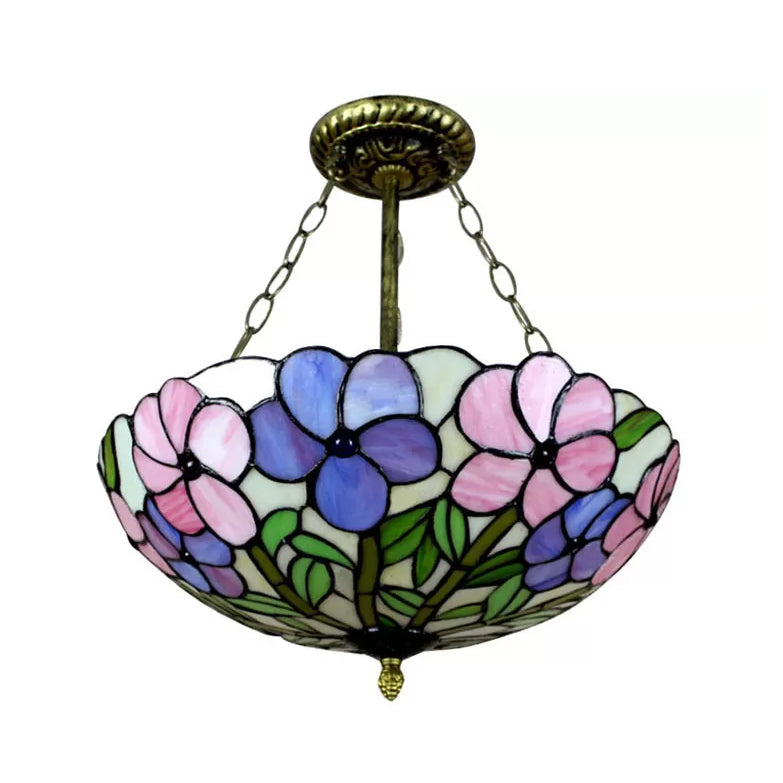 Stained Glass Tiffany LED Ceiling Light with 3-Lights, Aged Brass Chain and Rose Pattern