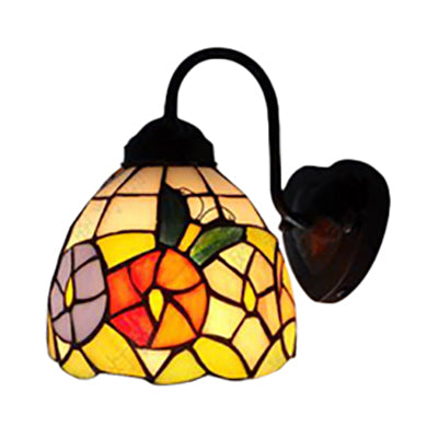 Victorian Stained Glass Wall Mounted Light - Black Dome Sconce With Multi-Colored Flower/Dragonfly