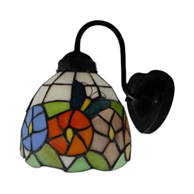 Victorian Stained Glass Wall Mounted Light - Black Dome Sconce With Multi-Colored Flower/Dragonfly