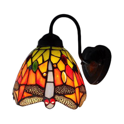 Victorian Stained Glass Wall Mounted Light - Black Dome Sconce With Multi-Colored Flower/Dragonfly