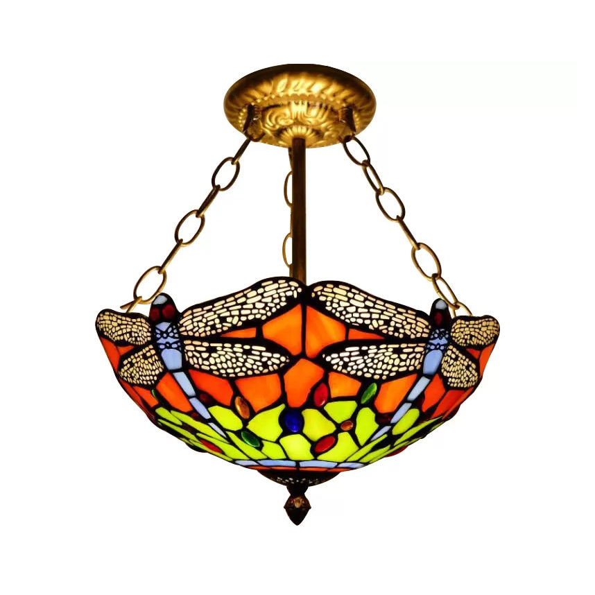 Dragonfly LED Baroque Ceiling Lighting in Aged Brass - Stained Glass Shade for Bedroom