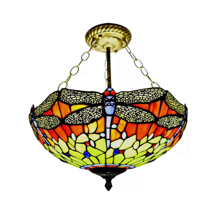 Dragonfly LED Baroque Ceiling Lighting in Aged Brass - Stained Glass Shade for Bedroom