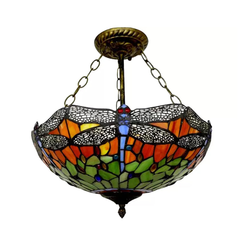 Dragonfly LED Baroque Ceiling Lighting in Aged Brass - Stained Glass Shade for Bedroom