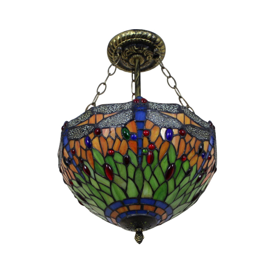 Dragonfly LED Baroque Ceiling Lighting in Aged Brass - Stained Glass Shade for Bedroom