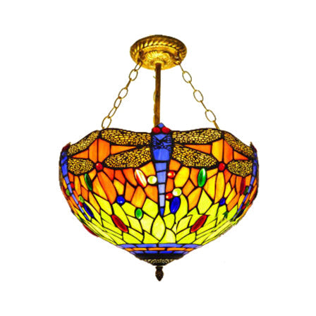 Dragonfly LED Baroque Ceiling Lighting in Aged Brass - Stained Glass Shade for Bedroom