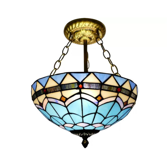 Blue Tiffany Bowl Ceiling Light, Stained Glass Antique Brass Flush Mount