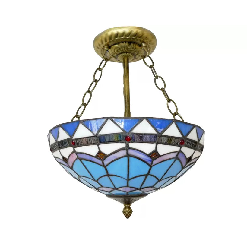 Blue Tiffany Bowl Ceiling Light, Stained Glass Antique Brass Flush Mount