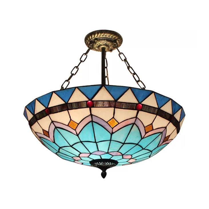 Blue Tiffany Bowl Ceiling Light Stained Glass Antique Brass Flush Mount / 23.5