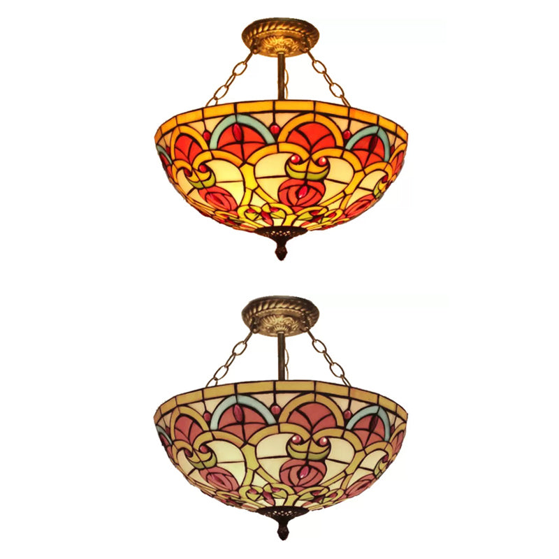 Baroque Style Stained Glass Ceiling Light, Semi Flush Mount Fixture for Bedroom