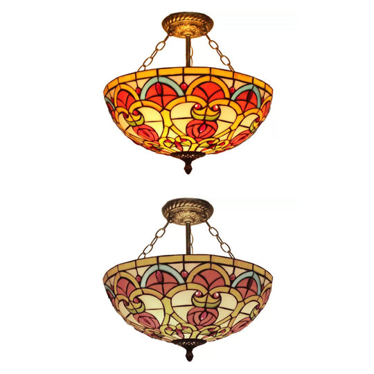 Baroque Style Stained Glass Ceiling Light, Semi Flush Mount Fixture for Bedroom