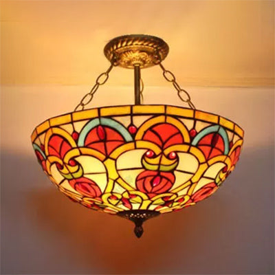 Baroque Style Stained Glass Ceiling Light, Semi Flush Mount Fixture for Bedroom