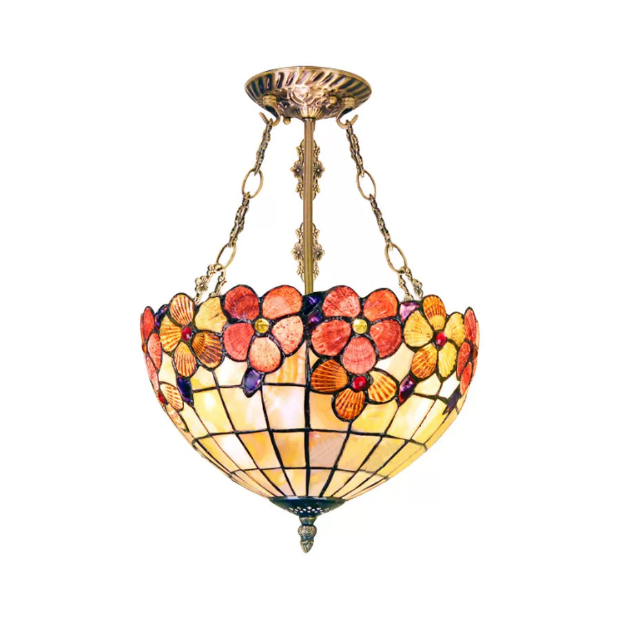 LED Bedroom Ceiling Light - Tiffany Style Floral Semi Flush in Aged Brass with Art Glass Shade