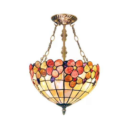 Led Bedroom Ceiling Light - Tiffany Style Floral Semi Flush In Aged Brass With Art Glass Shade