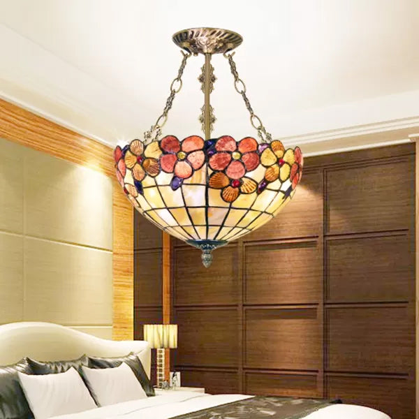 LED Bedroom Ceiling Light - Tiffany Style Floral Semi Flush in Aged Brass with Art Glass Shade